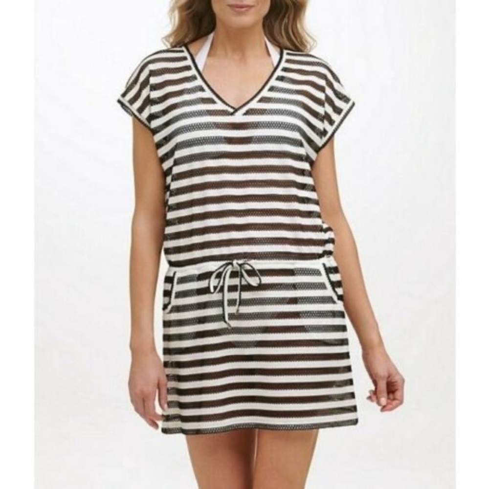 Calvin Klein Black and White Stripe Swimsuit Coverup Drawstring Pockets Tunic